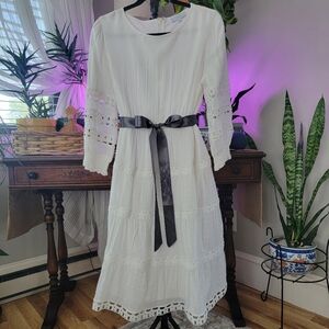 Cottagecore White Eyelet Dress With Silver Satin Ribbon